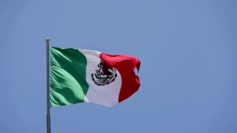 Mexican Flag Waving In Clear Blue Sky Plaza De Independencia Queretaro City Stock Footage 343698122