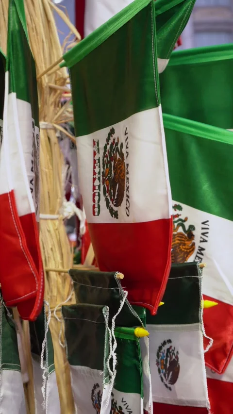 Mexican flags fluttering for Independence Day celebration on September 16th Stock Footage 345997414