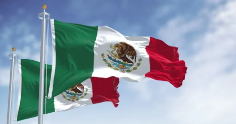 Mexican flags with its coat of arms waving against a blue sky. Stock Footage 311980940
