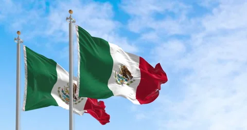 Mexican flags with its coat of arms waving against a blue sky. Stock Footage 329676150