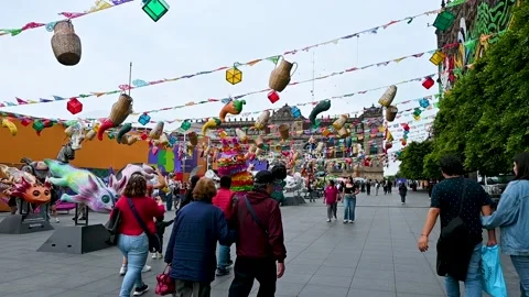 Mexican folk art inspired decorations at Zocalo World Cup fan fest Stockbeeldmateriaal 345102714