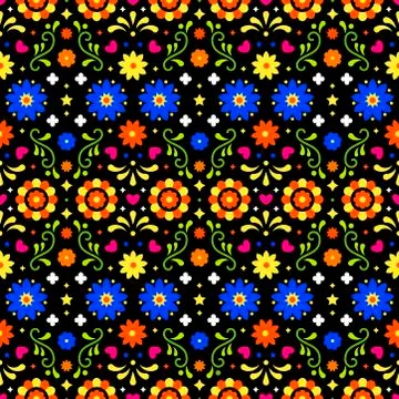 Mexican folk art seamless pattern with flowers on dark background. Traditiona 스톡 일러스트