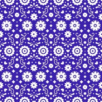 Mexican folk art seamless pattern with flowers on white background. Tradition Stock Illustration
