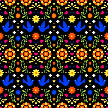 Mexican folk art seamless pattern with flowers, leaves and birds on dark back 스톡 일러스트