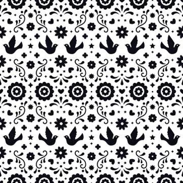 Mexican folk art seamless pattern with flowers, leaves and birds on white bac 스톡 일러스트