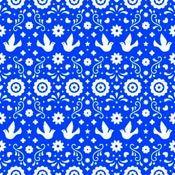 Mexican folk art seamless pattern with flowers, leaves and birds on blue back 스톡 일러스트