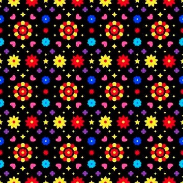 Mexican folk art seamless pattern with flowers on dark background. Traditional 스톡 일러스트