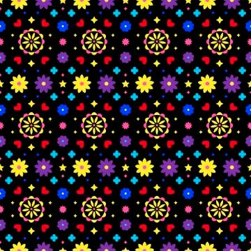 Mexican folk art seamless pattern with flowers on dark background. Traditional 스톡 일러스트