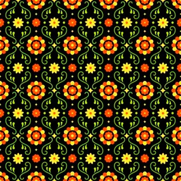 Mexican folk art seamless pattern with flowers on dark background. Traditional 스톡 일러스트