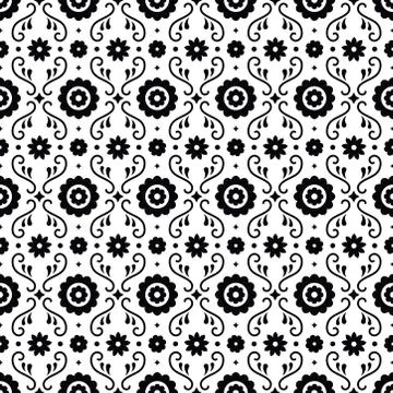 Mexican folk art seamless pattern with flowers on white background. Traditional Stock Illustration