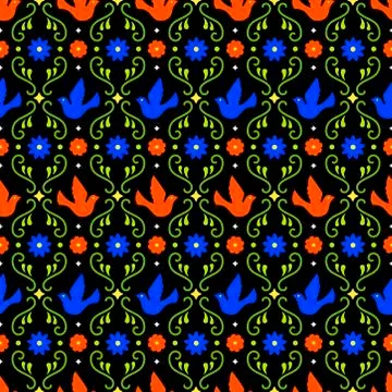 Mexican folk art seamless pattern with flowers, leaves and birds on dark Stock Illustration