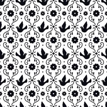 Mexican folk art seamless pattern with flowers, leaves and birds on white Stock Illustration