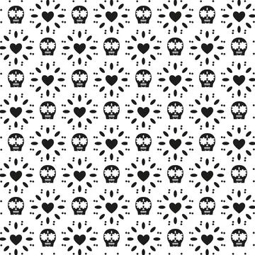 Mexican folk art seamless pattern, skulls and hearts, black and white Stock Illustration