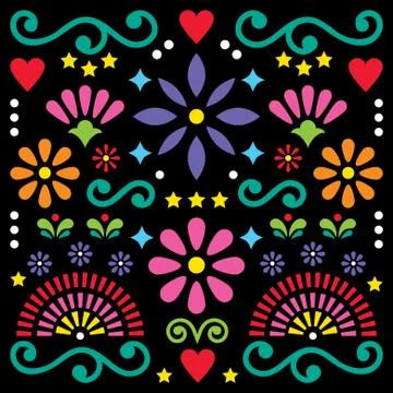Mexican folk art vector pattern, colorful design with flowers greeting card Stock Illustration