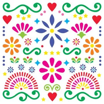 Mexican folk art vector pattern, colorful design with flowers Stock Illustration