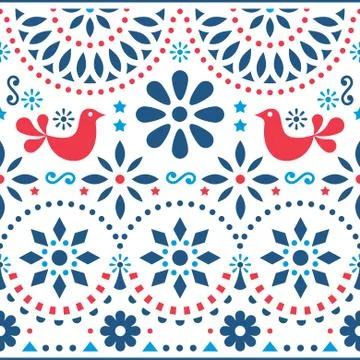 Mexican folk art vector seamless pattern with birds and flowers Stock Illustration