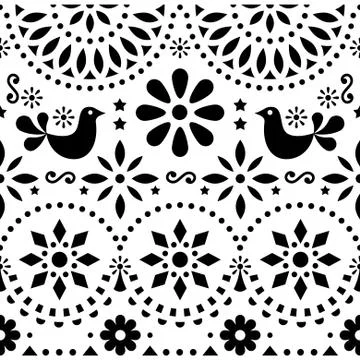 Mexican folk art vector seamless pattern with birds and flowers Stock Illustration