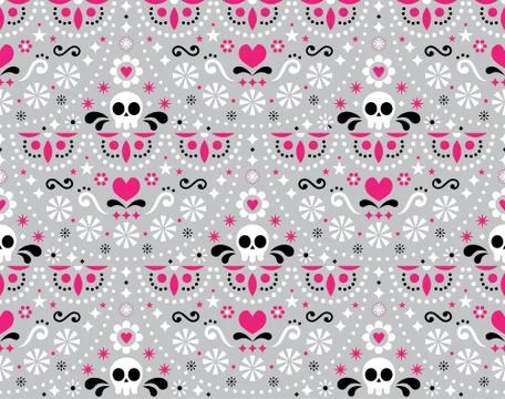 Mexican folk art vector seamless pattern with skulls, flowers Stock Illustration