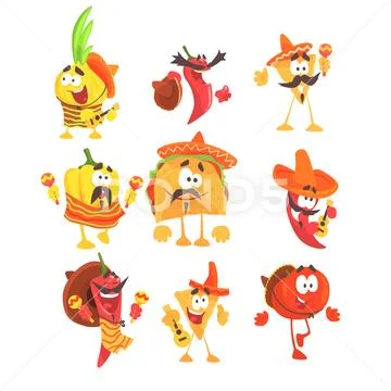 Mexican Food And Vegetables Set OF Cool Cartoon Characters In National Clothes Stock Illustration