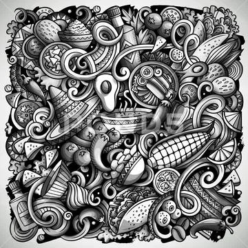Mexican food hand drawn doodles illustration. Cuisine poster design. Stock Illustration