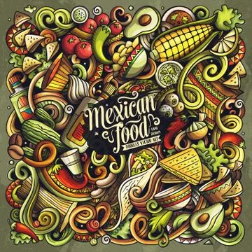 Mexican food hand drawn vector doodles illustration. Cuisine poster design. Stock Illustration