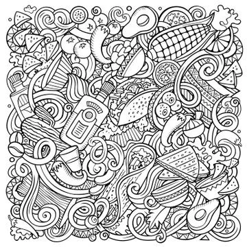 Mexican food hand drawn vector doodles illustration. Cuisine poster design. Stock Illustration