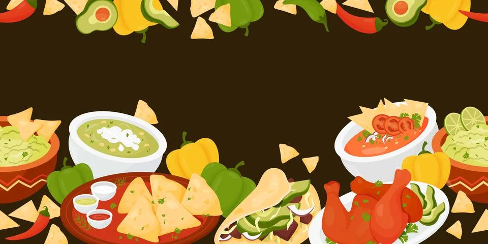 Mexican food. Seamless horizontal border with Latin American traditional dishs Stock Illustration