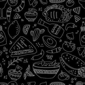 Mexican food seamless pattern for Menu design. Engraved style image in black Stock Illustration