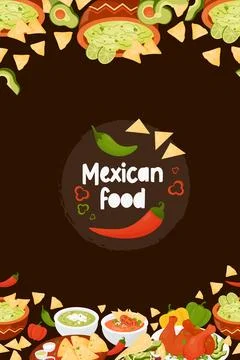 Mexican food. Seamless vector vertical border with Latin American dishs Que.. Stock Illustration
