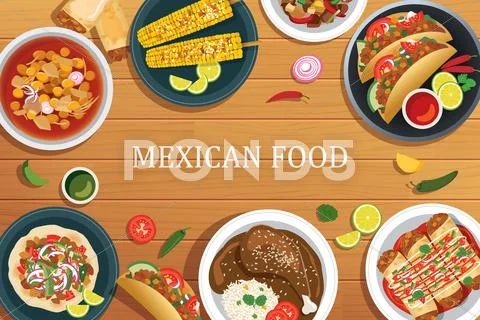 Mexican food on a wooden background.Vector mexican food top view. Stock Illustration