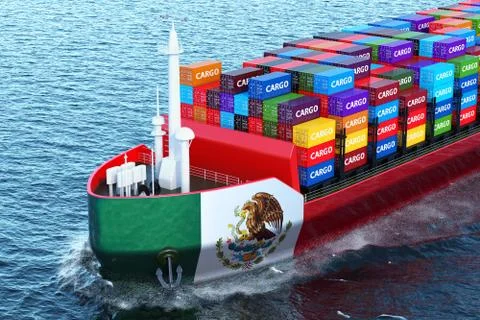 Mexican freighter ship with cargo containers sailing in ocean, 3D rendering Stock Illustration