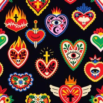 Mexican hearts seamless pattern. Sacred memorial symbols, patterned love charms 스톡 일러스트