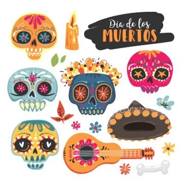 Mexican holiday Day of the Dead . Set of sugar skull, flowers, lettering Dia Illustrazione stock
