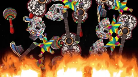 Mexican Holiday Objects Falling into Blazing Fire Animation Stock Footage 348633339