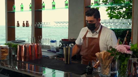 Mexican latin mixologist preparing milkshake ice cream at beach bar Stock Footage 248047758