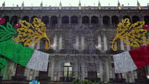 Mexican Light Decorations on Historic Building Facade for September Festivities Stock Footage 345718282