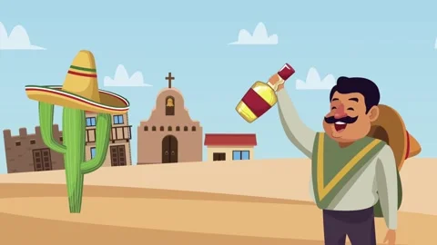 Mexican man drinking tequila character Stock Footage 152901023