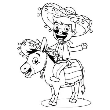 Mexican man riding a donkey. Vector black and white coloring page Stock Illustration