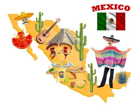 Mexican map with mariachi, red chilli, sombrero Stock Illustration
