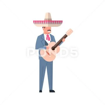 Mexican Music Man With Guitar Wear Traditional Costume And Sombrero Hat Isolated Stock Illustration