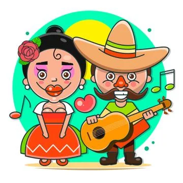 Mexican musicians vector illustration in native clothes and sombreros flat ve Stock Illustration