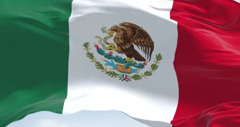 Mexican national flag waving with eagle and serpent emblem in the center Video stock 305597367