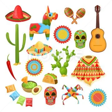 Mexican national symbols. Vector design elements for Cinco de Mayo holiday. F Stock Illustration
