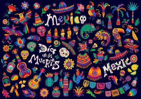 Mexican objects, guitars, skulls and flowers Illustrazione stock