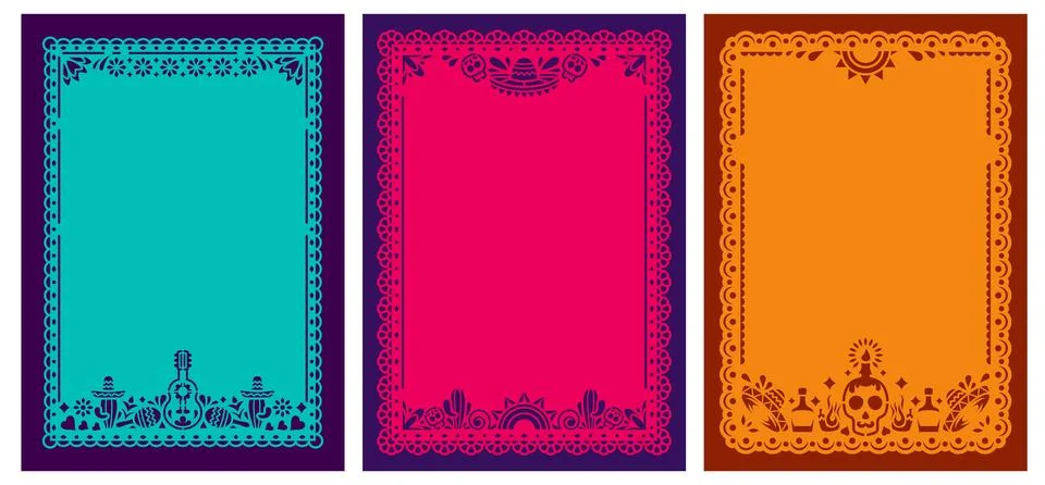 Mexican papel picado border frames, folk papercut Stock Illustration