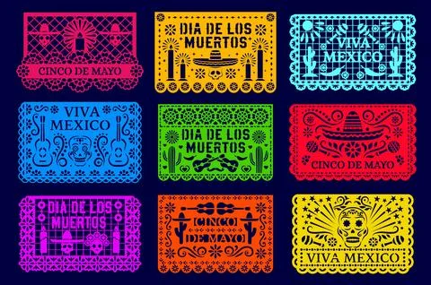 Mexican paper cut pattern papel picado flags 스톡 일러스트