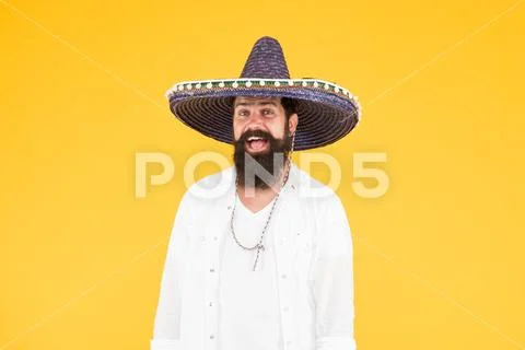 Mexican party. man in mexican sombrero hat. Celebrate traditions. hipster with Stock Photos