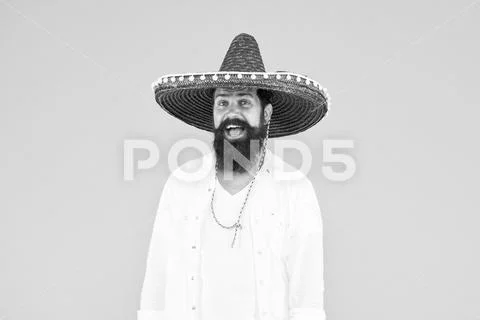 Mexican party. man in mexican sombrero hat. Celebrate traditions. hipster with Stock Photos