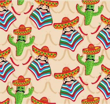 Mexican pattern with cactus, hat and chill illustration over background. Ilustração Stock