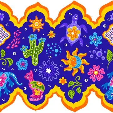Mexican pattern with cute naive art items. イラスト素材